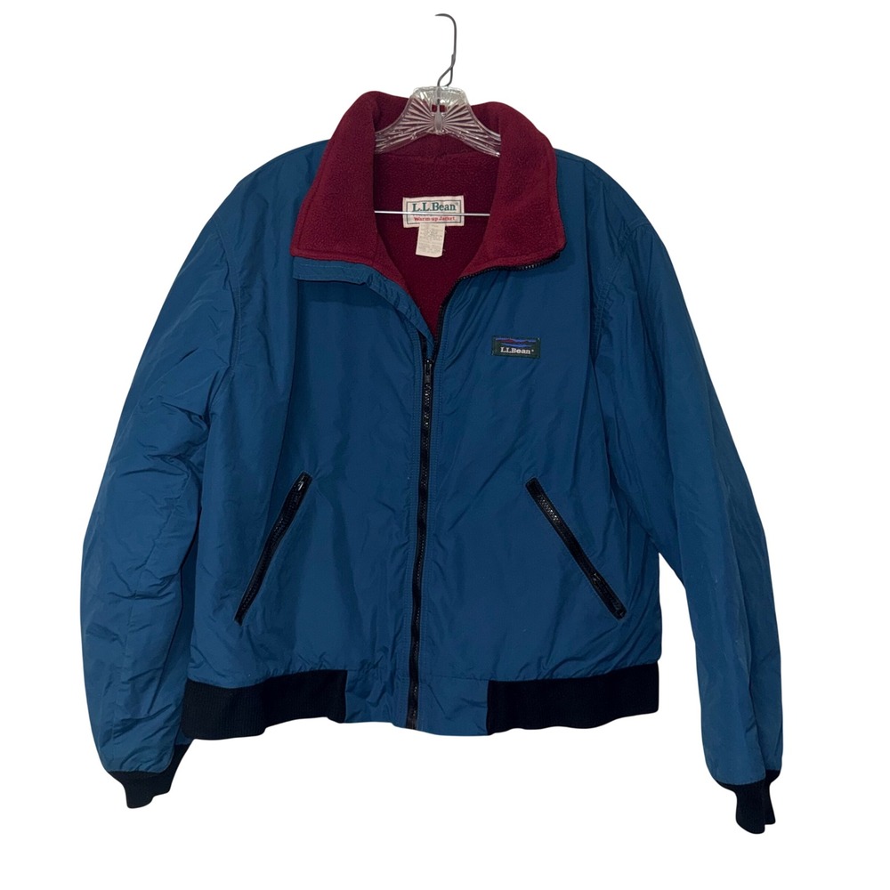 LL Bean Vintage 90s Warm-up Jacket Mens Large Blue Nylon Fleece Lining